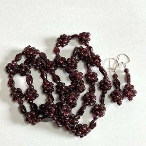Vintage Garnet Cluster Beaded Necklace Matching Garnet Dangle Post Earring Set